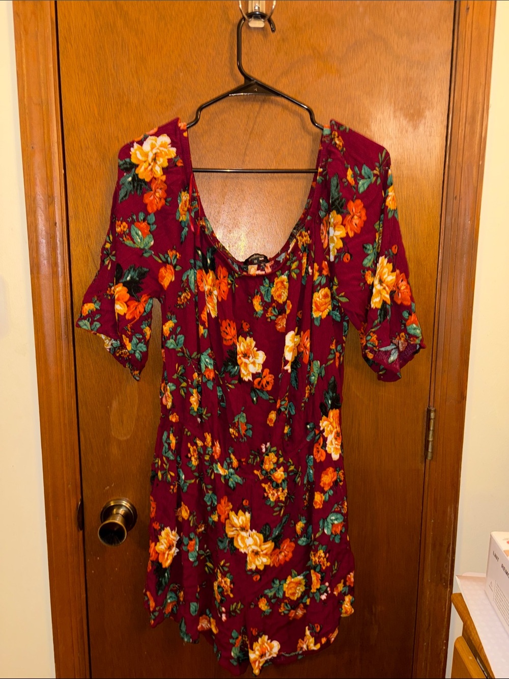 Floral Scoop Neck Burgundy Women's Romper
